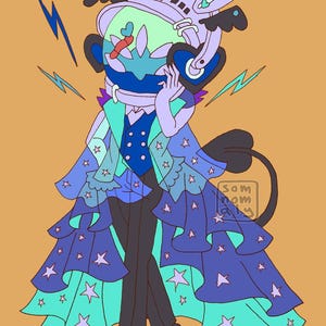 May include: Illustration of a cartoon character in a blue and teal outfit with star accents. The character wears a headset and a layered dress with star patterns. The background is a solid orange color. The character has a tail and is holding a hand to its face.