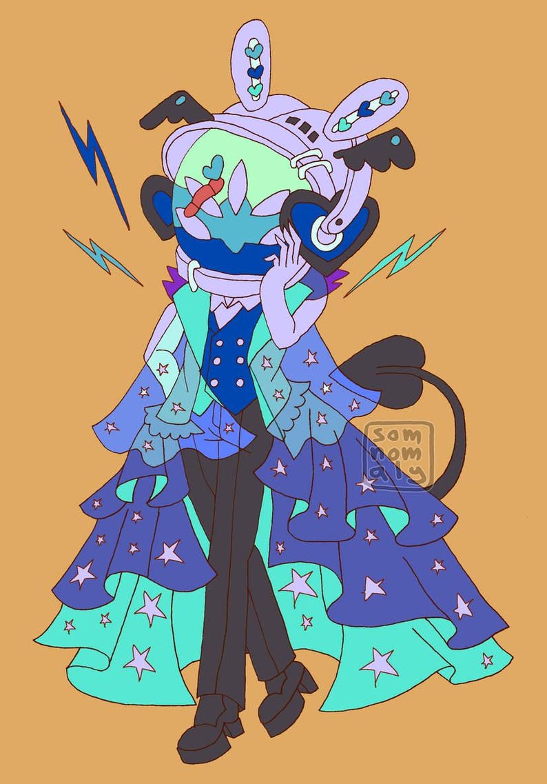 May include: Illustration of a cartoon character in a blue and teal outfit with star accents. The character wears a headset and a layered dress with star patterns. The background is a solid orange color. The character has a tail and is holding a hand to its face.
