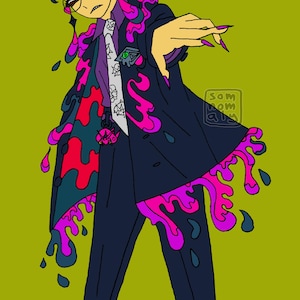 May include: Illustration of a person in a dark blue suit with pink and purple dripping accents. The person wears glasses, a purple headband, and a white tie with a pattern. The background is a solid olive green.