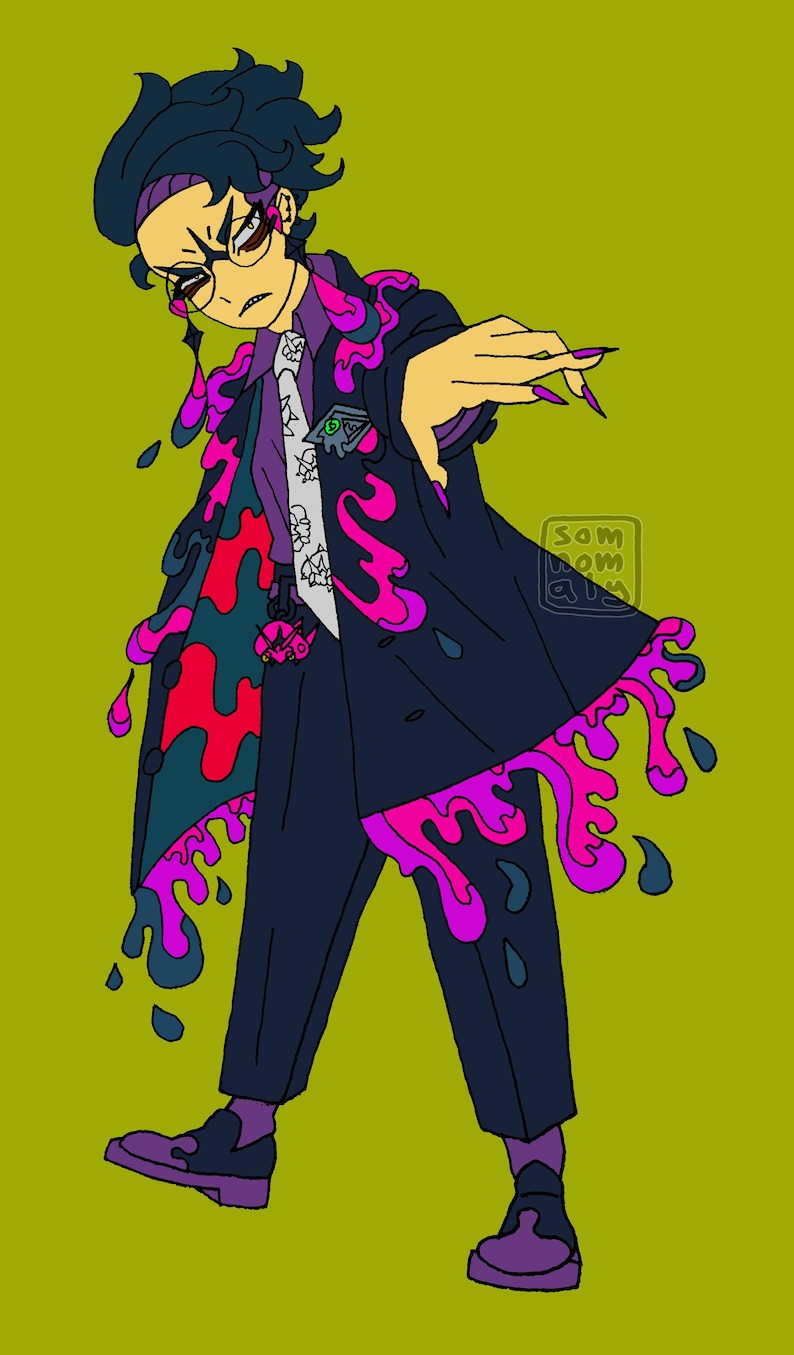 May include: Illustration of a person in a dark blue suit with pink and purple dripping accents. The person wears glasses, a purple headband, and a white tie with a pattern. The background is a solid olive green.