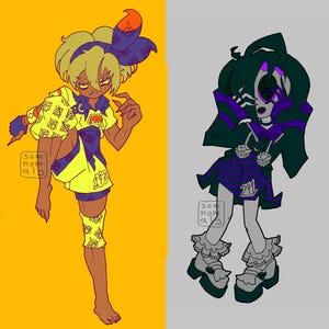 May include: Illustration of two stylized figures. One is in yellow and blue attire with the number 193, the other in black and purple with the number 211. Both figures have unique hairstyles and expressions. The background is split, with one side yellow and the other gray.