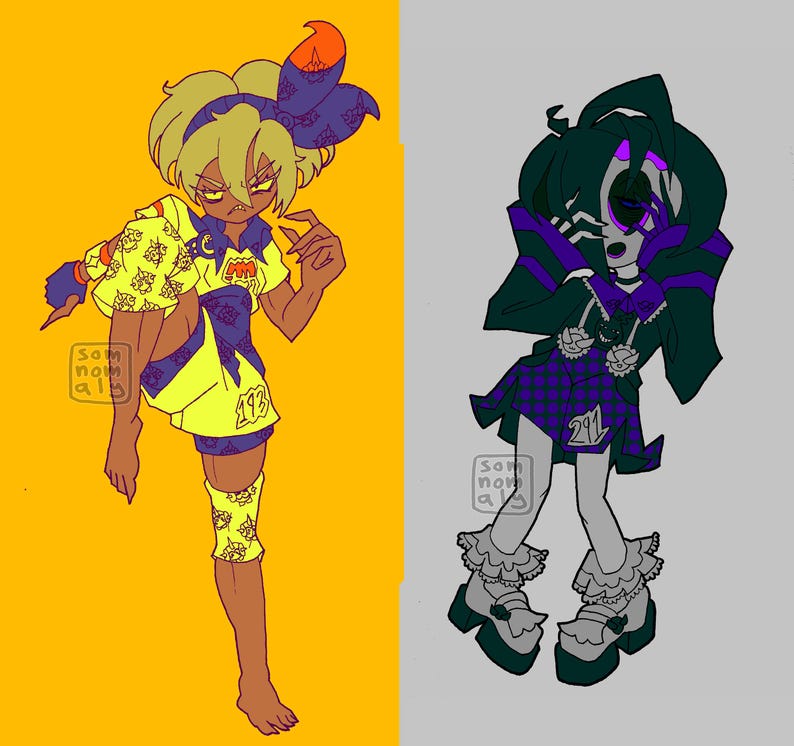 May include: Illustration of two stylized figures. One is in yellow and blue attire with the number 193, the other in black and purple with the number 211. Both figures have unique hairstyles and expressions. The background is split, with one side yellow and the other gray.