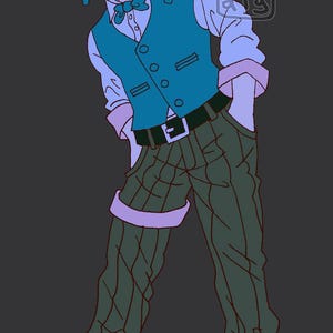 May include: Illustration of a person in a teal hat, vest, and bow tie, with a white shirt and green plaid pants. The person is wearing black boots and a black belt. The image has a dark background and the text "som daily".