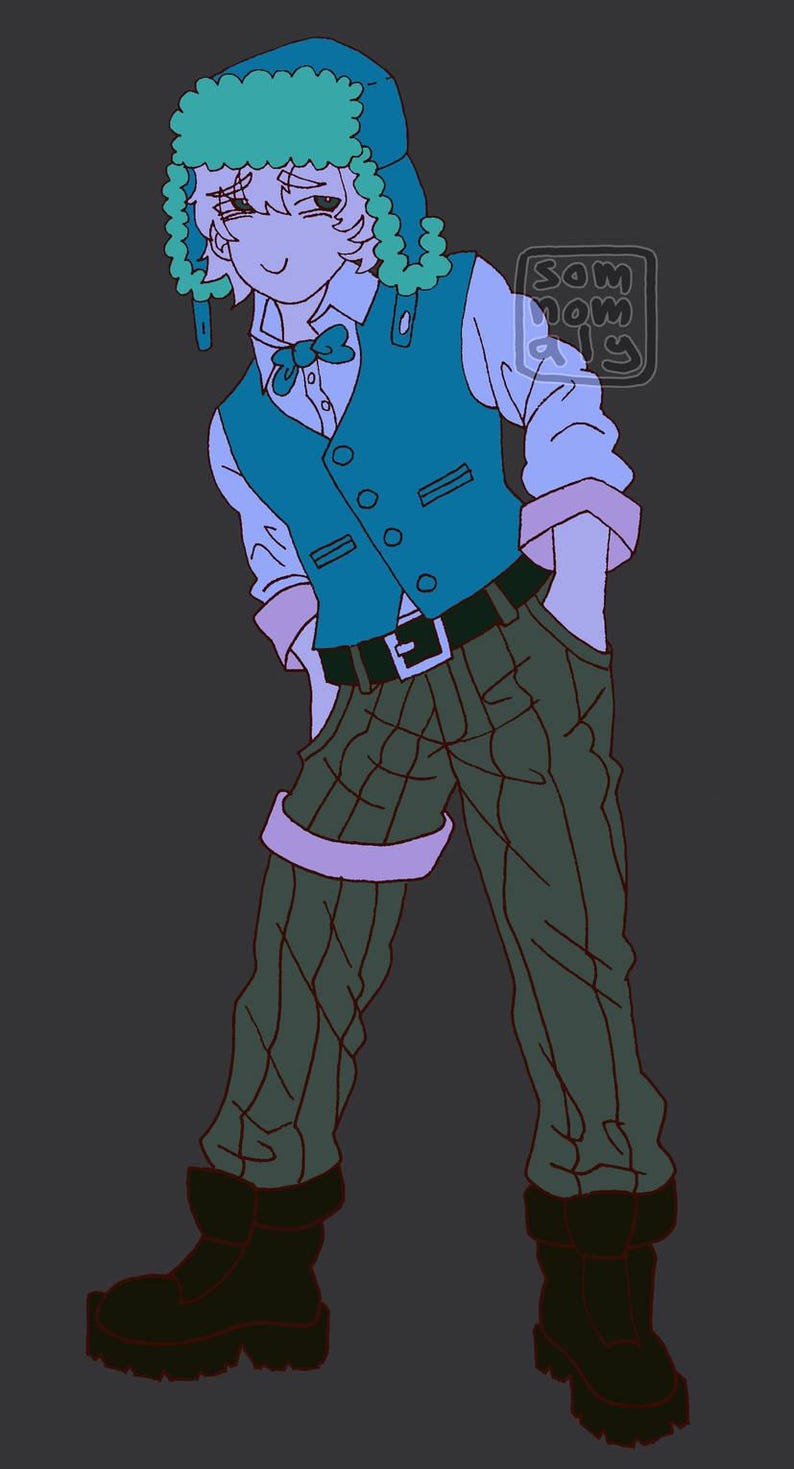 May include: Illustration of a person in a teal hat, vest, and bow tie, with a white shirt and green plaid pants. The person is wearing black boots and a black belt. The image has a dark background and the text "som daily".