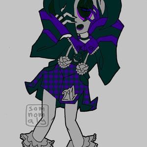 May include: Illustration of a stylized figure in a dark green and purple outfit. The figure wears a dress with a purple polka dot pattern and the number "291". The figure has dark hair and is wearing platform shoes.