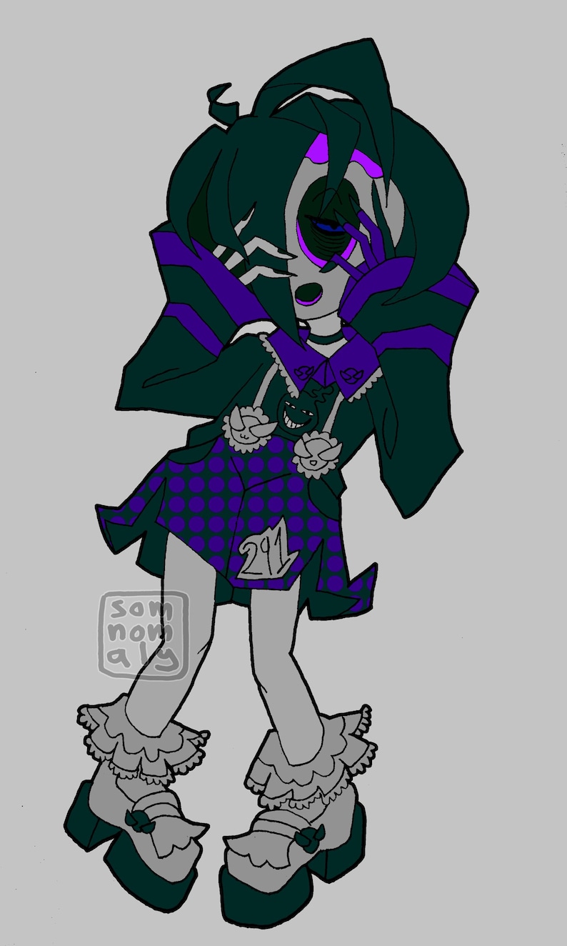 May include: Illustration of a stylized figure in a dark green and purple outfit. The figure wears a dress with a purple polka dot pattern and the number "291". The figure has dark hair and is wearing platform shoes.