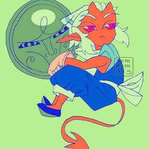 May include: Illustration of a cartoon character with orange skin, red eyes, and light green hair, wearing blue clothing. A large green disc with a face design is behind the character. The character has a long orange tail and is sitting on a light green background.