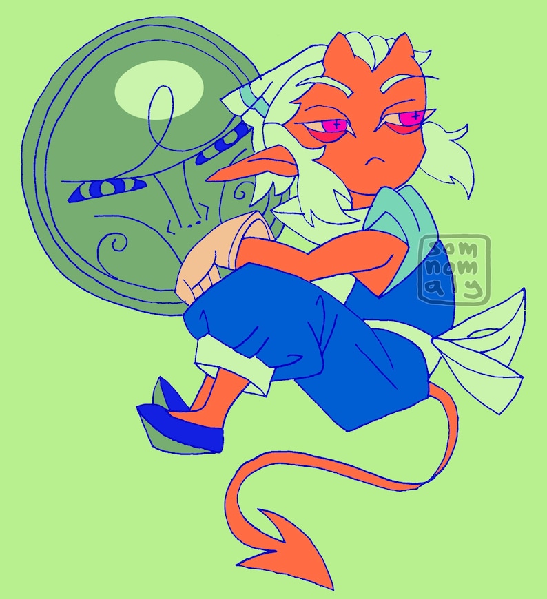 May include: Illustration of a cartoon character with orange skin, red eyes, and light green hair, wearing blue clothing. A large green disc with a face design is behind the character. The character has a long orange tail and is sitting on a light green background.