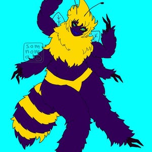 May include: Illustration of a bee-like creature with a yellow head and chest, purple body, and yellow stripes. The creature has multiple limbs, antennae, and green eyes. The background is a solid light blue. The artist's signature is in the lower left corner.