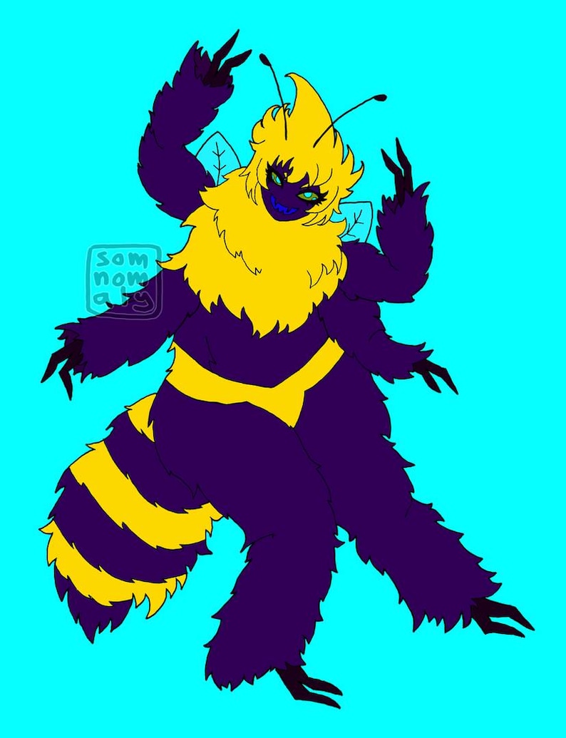 May include: Illustration of a bee-like creature with a yellow head and chest, purple body, and yellow stripes. The creature has multiple limbs, antennae, and green eyes. The background is a solid light blue. The artist's signature is in the lower left corner.