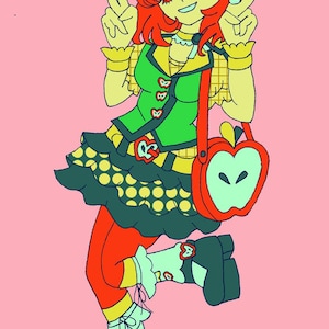 May include: Illustration of a cartoon character with red hair, wearing a green and yellow outfit with apple-themed accessories. The character is holding up two fingers in a peace sign. A red apple-shaped purse hangs from the character's arm.