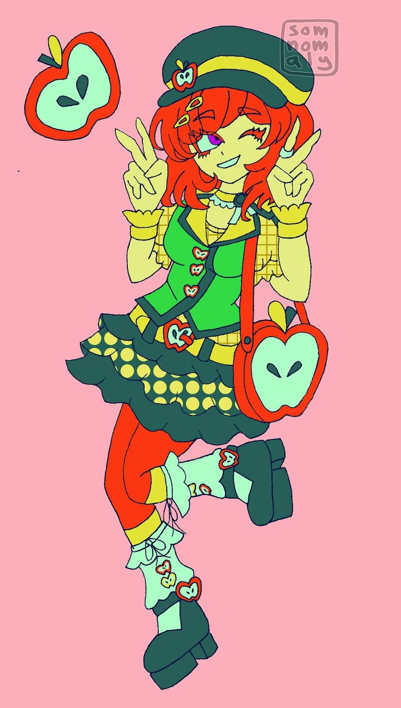May include: Illustration of a cartoon character with red hair, wearing a green and yellow outfit with apple-themed accessories. The character is holding up two fingers in a peace sign. A red apple-shaped purse hangs from the character's arm.