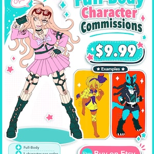 May include: A digital art advertisement for full-body character commissions. The image features a stylized anime-style character in pink, black, and green, with examples of other character art. Text includes "Full-Body Character Commissions" and "Buy on Etsy".