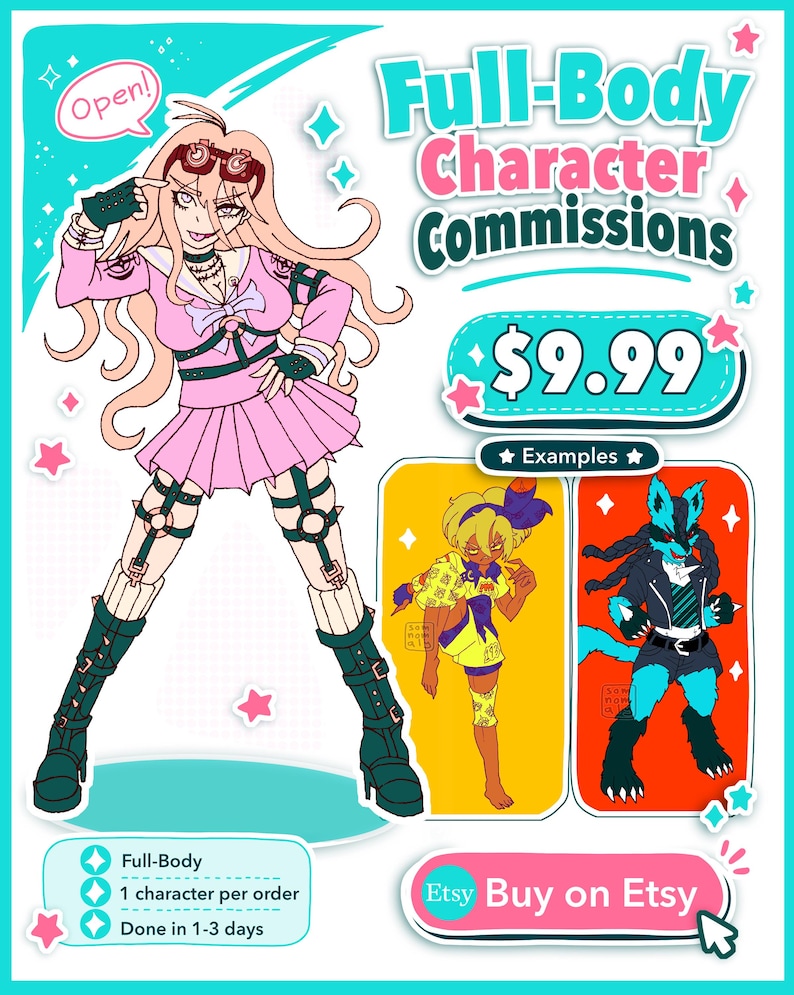 May include: A digital art advertisement for full-body character commissions. The image features a stylized anime-style character in pink, black, and green, with examples of other character art. Text includes "Full-Body Character Commissions" and "Buy on Etsy".