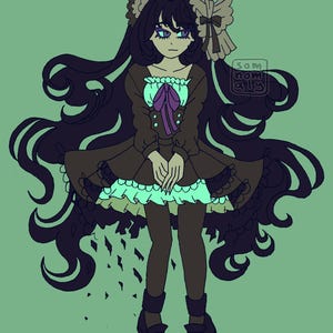 May include: Illustration of a doll-like figure in a brown dress with a mint green underskirt and purple bow. The figure has long, dark hair and is set against a green background. The image has a whimsical, gothic aesthetic.