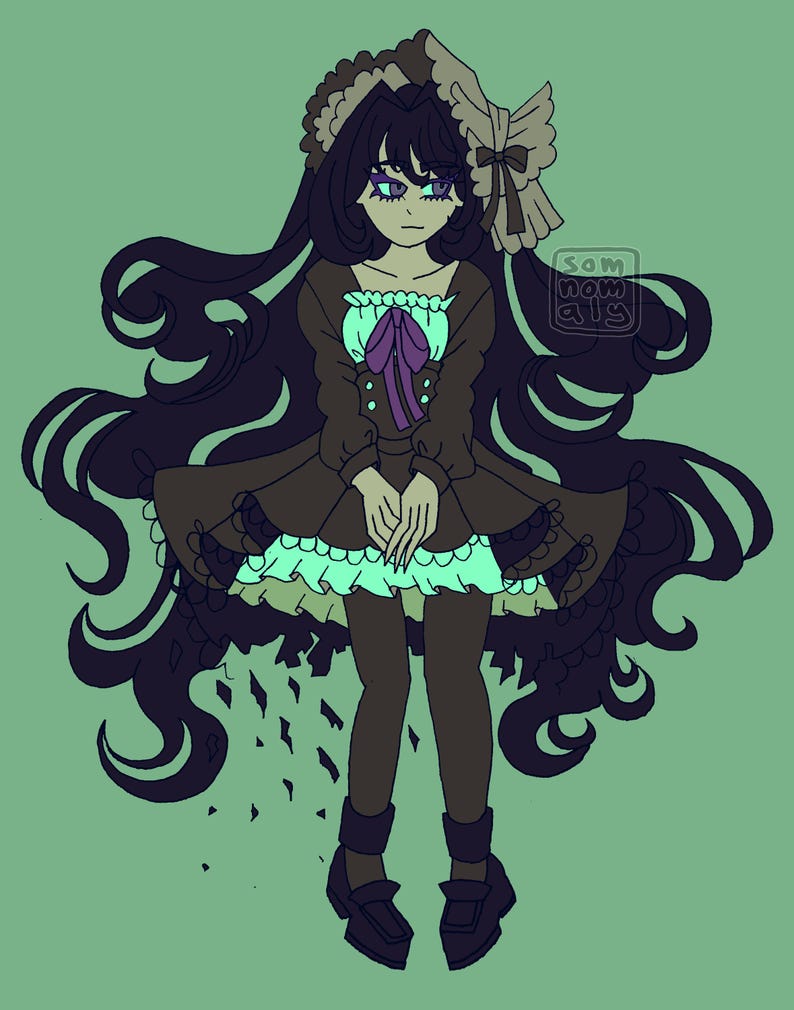May include: Illustration of a doll-like figure in a brown dress with a mint green underskirt and purple bow. The figure has long, dark hair and is set against a green background. The image has a whimsical, gothic aesthetic.