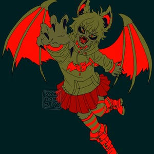 May include: Illustration of a bat-like creature with red wings and accents, wearing a green hoodie, red skirt, and matching boots. The creature has a menacing expression with sharp teeth and claws, set against a dark teal background.
