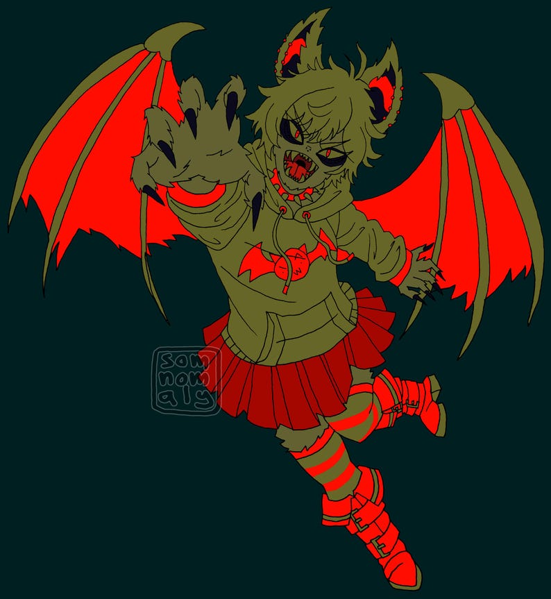 May include: Illustration of a bat-like creature with red wings and accents, wearing a green hoodie, red skirt, and matching boots. The creature has a menacing expression with sharp teeth and claws, set against a dark teal background.