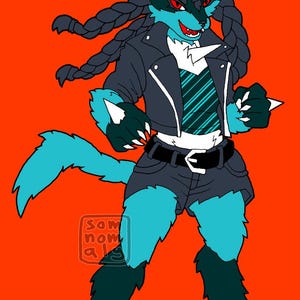May include: Illustration of a humanoid wolf-like creature with teal fur, wearing a black leather jacket, shorts, and a striped tie. The character has braided hair and red eyes, set against an orange background.