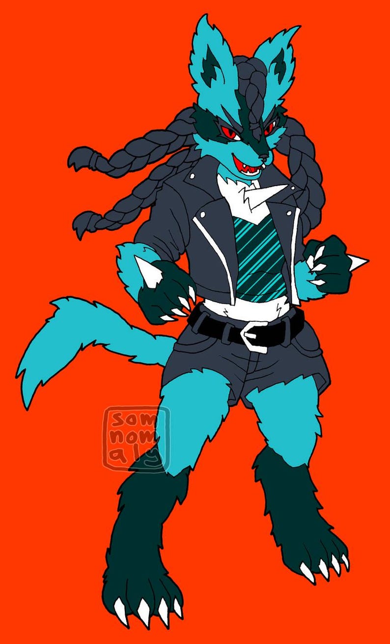 May include: Illustration of a humanoid wolf-like creature with teal fur, wearing a black leather jacket, shorts, and a striped tie. The character has braided hair and red eyes, set against an orange background.
