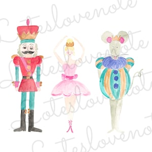 May include: Watercolor illustration of three figures: a nutcracker in red and teal, a ballerina in pink, and a mouse in a jester's outfit. The figures are painted in a whimsical style, perfect for holiday decor or children's art.
