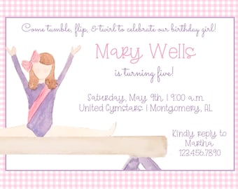 May include: A pink and white gingham-patterned birthday invitation. The invitation features a watercolor illustration of a gymnast on a balance beam. Text includes the name "Mary Wells", the age "five", and event details.