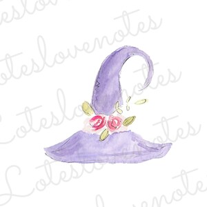 May include: A purple witch hat with a brim and a pointed top. The hat is decorated with pink and yellow flowers.