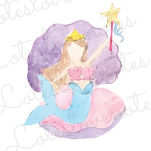 May include: A watercolor illustration of a mermaid with a crown, sitting in a purple seashell. She is holding a star-shaped wand with a blue ribbon.