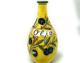 Italian Ceramic Art Pottery Oil Cruet Dispenser Bottle with handle Hand Painted Pattern Olives Made in ITALY Tuscan Florence