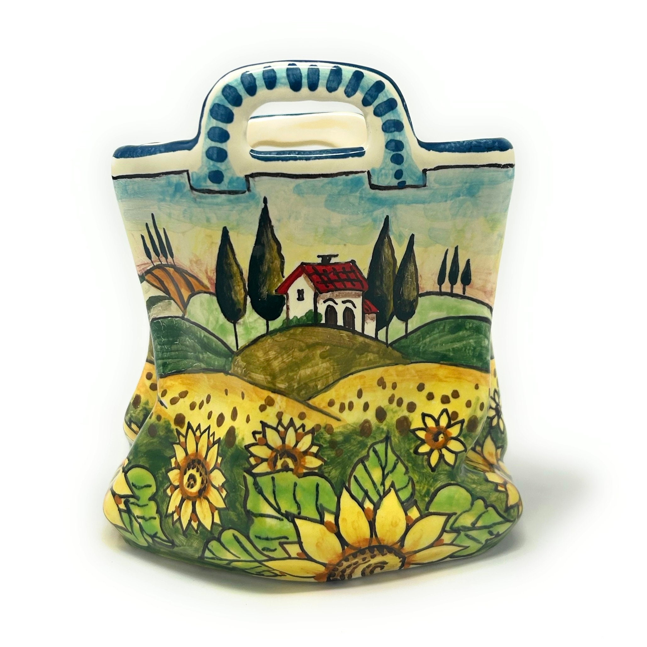 Italian Ceramic Art Pottery Small Bag Pencil Holder Hand Painted