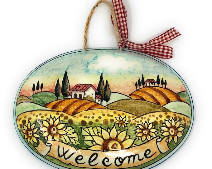 Italian Ceramic Art Pottery Tile House Plaques Decorative Sunflowers Welcome Landscape Hand Painted Made in ITALY Tuscan