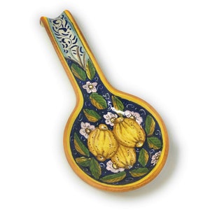 Italian Ceramic Spoon Rest Holder Decorated Three Lemons Pottery Art Hand Painted Made in ITALY Tuscan