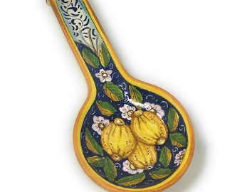 Italian Ceramic Spoon Rest Holder Decorated Three Lemons Pottery Art Hand Painted Made in ITALY Tuscan