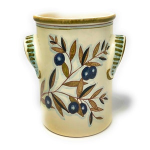 Italian Ceramic Utensil Holder Wine Bottle Hand Painted Made in ITALY Decorated Country Olives Tuscan Art Pottery