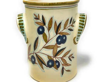 Italian Ceramic Utensil Holder Wine Bottle Hand Painted Made in ITALY Decorated Country Olives Tuscan Art Pottery