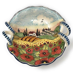 Italian Ceramic Serving Bowl Centerpiece with handles Pattern Landscape Poppies Tuscan Art Pottery Made in ITALY Florence