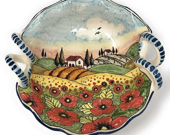 Italian Ceramic Serving Bowl Centerpiece with handles Pattern Landscape Poppies Tuscan Art Pottery Made in ITALY Florence