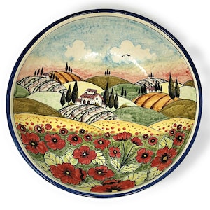 Italian Ceramic Serving Round Bowl for Pasta - Fruit- salad - rice- Pattern Landscape Poppies Tuscan Art Pottery Made in ITALY Florence