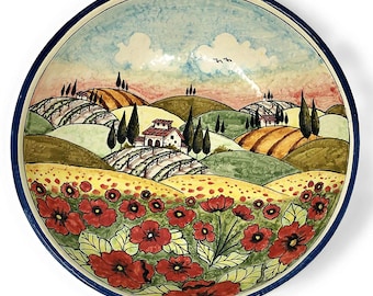 Italian Ceramic Serving Round Bowl for Pasta - Fruit- salad - rice- Pattern Landscape Poppies Tuscan Art Pottery Made in ITALY Florence