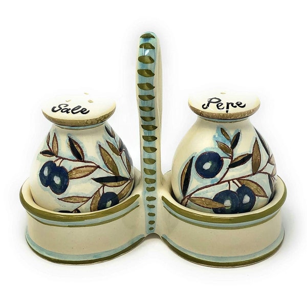 Italienisches Keramik-Set Salz- und Pfefferstreuer Töpfe Art Pottery Handgemaltes Muster Olives contry Made in ITALY Toscana