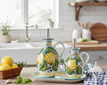 Italian Ceramic Set Cruet Dispenser Oil and Vinegar + Small Tray