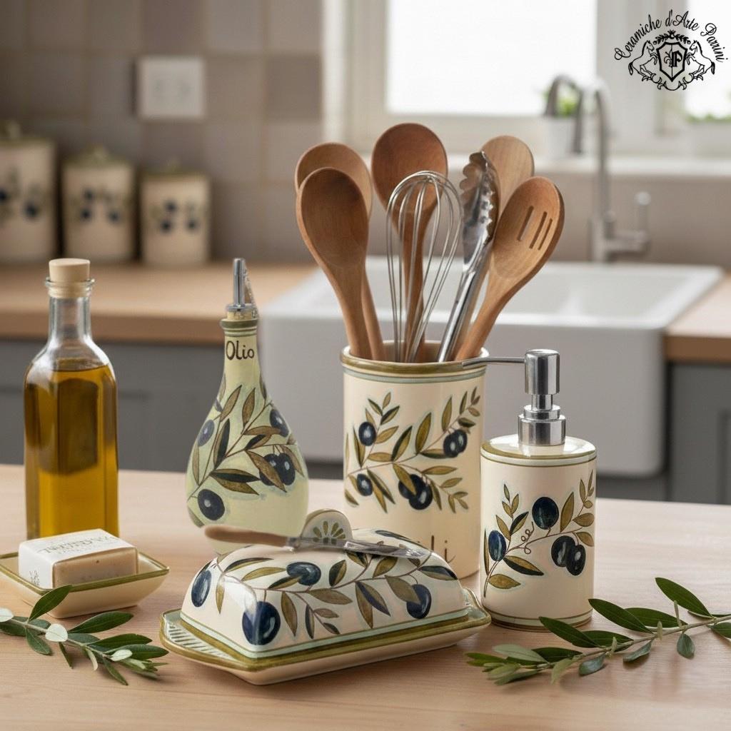 Italian Ceramic Set Dispenser Cruet Ampoules Oil and Vinegar Art