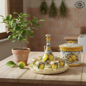 Italian Ceramic Pottery Set Tray + Bottle + 6 Cups Limoncello Liqueur Shot Glasses Decorated Lemons Hand Painted Made in ITALY Tuscan image 4