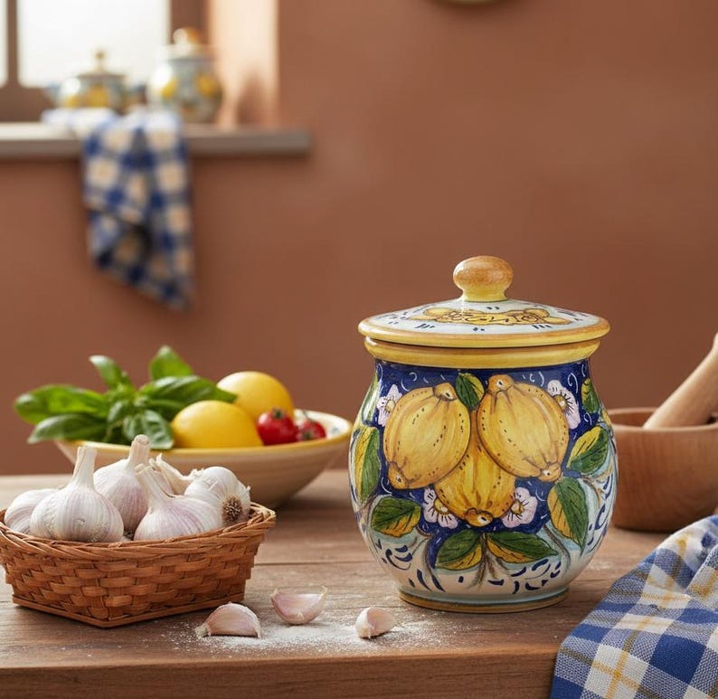 Pot à ail en céramique d'art italienne, motif citrons peint à la main, fabriqué en Toscane, Italie. image 2