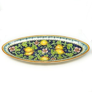 Italienische Keramik Kunstkeramik Servierschüssel Oval Große Mittelstücke Tablett Platte Handgemalte dekorative Zitronen Made in ITALY Toscana