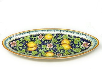 Bol de cerámica artística italiana ovalado para servir, plato grande para centro de mesa, bandeja, pintado a mano con limones decorativos, hecho en Italia, Toscana.