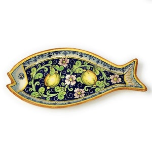Italian Ceramic Art Serving Tray Shape Fish Pottery Hand Painted Made in ITALY Tuscan Pattern Lemons blue