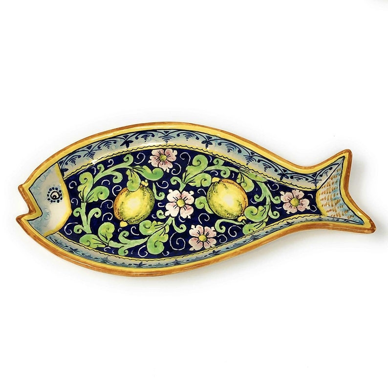 Italian Ceramic Art Serving shops Tray Shape Fish Pottery Hand Painted Made in ITALY Tuscan Pattern Lemons blue