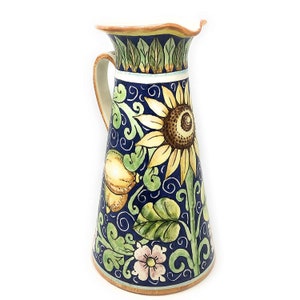 Italian Ceramic Art Pottery Big Pitcher Wine-Water Hand Painted Pattern Lemons Blue Made in ITALY Tuscan Florence