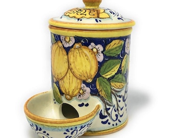 Italian Ceramic Jar Salt Holder Hand Painted Three Lemons Made in ITALY Tuscan Art Pottery